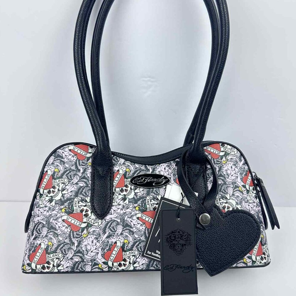 NWT Ed Hardy “Love Kills Slowly” Satchel Bag – Tattoo Print, Heart Charm
